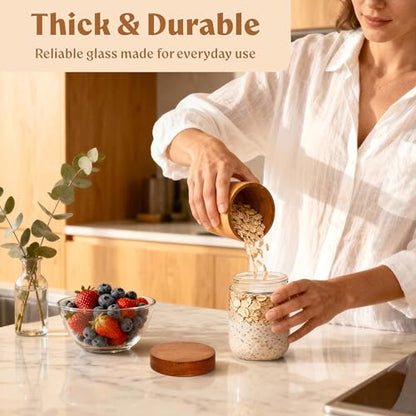 Overnight Oats Containers with Lids - Glass Mason Jars, Meal Prep | Acacia Wood, Airtight Silicone Seal Set of 6 - Stackable for Chia Pudding, Yogurt, Cereal, Oatmeal, Salad, Pantry Storage - color: 6 pack - Acacia no Spoon