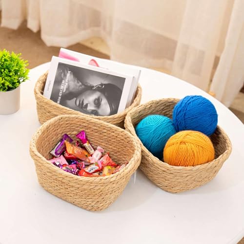 Square Seagrass Storage Baskets Set of 3, Hand Woven Stitched Rolled Edge Baskets, Boho Decorative Woven Baskets for Bathroom Kitchen Living Room Nursery
