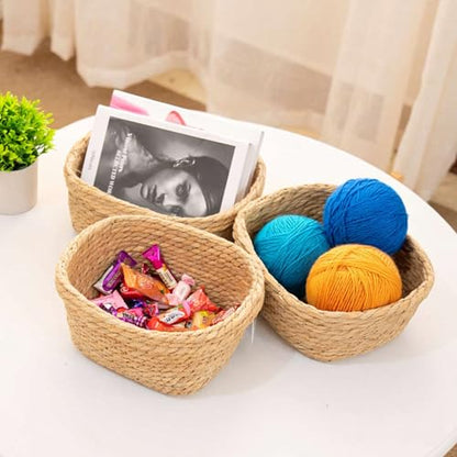 Square Seagrass Storage Baskets Set of 3, Hand Woven Stitched Rolled Edge Baskets, Boho Decorative Woven Baskets for Bathroom Kitchen Living Room Nursery