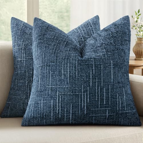 MIULEE Chenille Textured Throw Pillow Covers Blue Ashes 18x18 Set of 2 | Slubby Decorative Pillows, Boho Farmhouse Coastal Decor, Modern Neutral Cushion Covers for Couch Sofa Bed Living Room - color: Blue Ashes, size: 18" x 18" (Pack of 2)