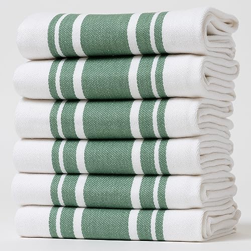 Kitchen Towels Set – Pack of 6 (20’’ x 30’’) Extra Large Premium Cotton Dish Towels for Kitchen – Super Striped Towels – Absorbent – 100% Cotton – with Hanging Loop – Green - color: Green Super Striped, size: Pack of 6