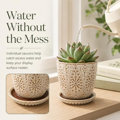 Gepege Ceramic Succulent Pots, 4 Inch Small Plant Pots with Drainage | Ceramic succulent pots with drainage holes, ceramic saucers and mesh pads, set of 4, ideal for cactus and succulents - color: Cream White, size: 4 Inch - Set of 4