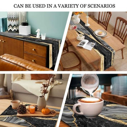 Mcalk Black Marble Table Runner and Placemats Set of 6 Pieces, Gold Marble Placemats, Modern Cloth Place Mats Indoor for Kitchen,Washable Linen Material for Dining Table - color: 02marble Black