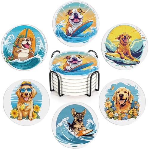 Coaster for Drinks Set of 6, Cute Dog Surfing Absorbing Round Ceramic Stone Coaster with Cork Base,Tabletop Protection Mat for Mugs and Cups,Coffee Table Wine Glass Home Bar 4 Inch - color: Cute Dog Surfing