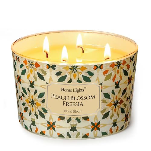 HomeLights Soy Wax Candles for Home Scented, 4-Wick Candles in Peach Blossom Freesia Scented, Aromatherapy Candles Gift for Parties, Relaxing, Bohemian Natural Textures, 18oz - color: Peach Blossom Freesia, size: 18oz 4-wick