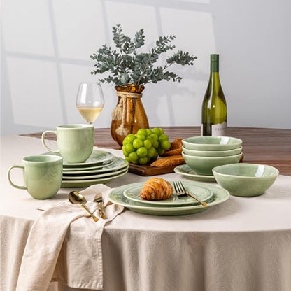 AmorArc Ceramic Dinnerware Sets for 4, Handmade Plates and Bowls Sets | Stoneware Reactive Glaze Dish Set, Scratch Resistant, Dishware Set for Kitchen Wedding, Dishwasher & Microwave Safe, 12 Pcs - color: Olive Green