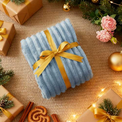 Nookly Light Blue Twin Size Fleece Blanket, Soft Lightweight Ribbed Plush Bed Blanket, Cozy All-Season Striped Fleece Twin Throw for Bedroom and Home, 60x80 Inches - color: Light Blue, size: Twin(60"x80")