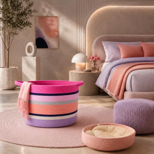 Pink Large Blanket Basket with Handles, 55 L Woven Rope Toy Basket, Foldable Storage Bin for Blankets, Toys & Laundry, stuffy storage for Bedroom & Playroom&Living room (17.7"D * 13.8"H) - size: 17.7"D * 13.8"H