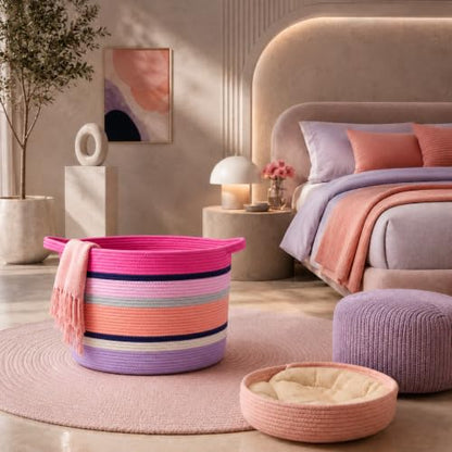 Pink Large Blanket Basket with Handles, 55 L Woven Rope Toy Basket, Foldable Storage Bin for Blankets, Toys & Laundry, stuffy storage for Bedroom & Playroom&Living room (17.7"D * 13.8"H) - size: 17.7"D * 13.8"H