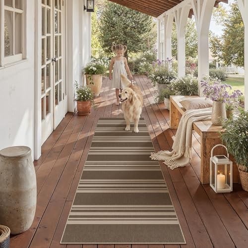 Washable Kitchen Runner Rug 2x6 Striped Jute Look Non Slip | Brown Stripe Farmhouse Design, Indoor Outdoor Hallway Runner for Entryway, Laundry Room and Kitchen, Non Shedding, Easy Care - color: Brown/Striped, size: 2' x 6' (Runner)