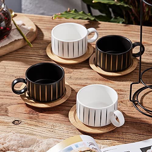 LUKA Porcelain Espresso Cup with Saucer and Metal Stand, 6 Ounce Stackable Ceramic Demitasse Espresso Mugs Cappuccino Cups Set for Latte,Coffee,Cafe Mocha,Tea(Set of 4) - color: Black & White Stripes