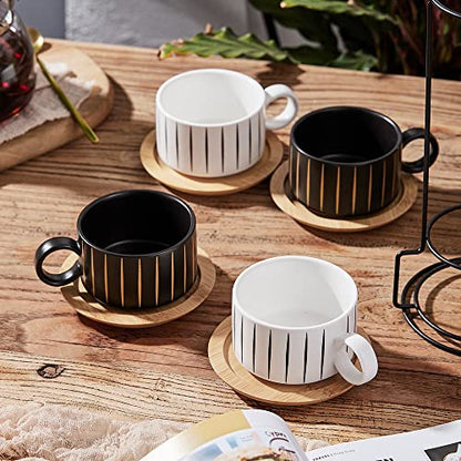 LUKA Porcelain Espresso Cup with Saucer and Metal Stand, 6 Ounce Stackable Ceramic Demitasse Espresso Mugs Cappuccino Cups Set for Latte,Coffee,Cafe Mocha,Tea(Set of 4) - color: Black & White Stripes