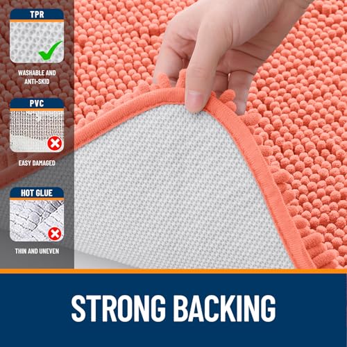 OLANLY Chenille Bathroom Mat and Toilet Rugs U-Shaped, Bath Mat Size 30x20 and Bathroom Rugs Sets Size 30x20+24x20 in Coral, 3 Item Bundle
