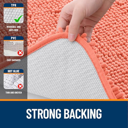 OLANLY Chenille Bathroom Mat and Toilet Rugs U-Shaped, Bath Mat Size 30x20 and Bathroom Rugs Sets Size 30x20+24x20 in Coral, 3 Item Bundle