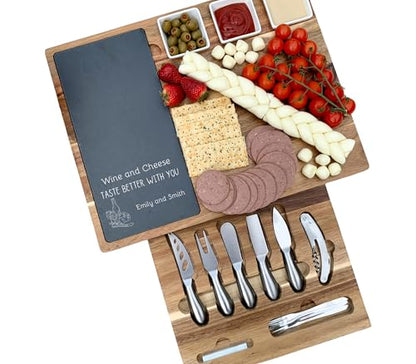 Personalized Engraved Acacia Charcuterie Board & Slate Cheese Platter – Large 17" x 13" Board with Knives – Custom Thanksgiving Gift (Design #42) - color: Design #42
