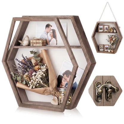 16 Inch Huge Wooden Shadow Box Frame with Acrylic Panel, Shelves, Hangable Brown Deep Shadow Boxes Memory Display Cases with Lanyard and Metal Hook for Wedding Keepsakes, Photos (Hexagonal) - style: Hexagonal