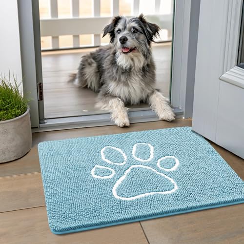 Smiry Dog Door Mat for Muddy Paws, Absorbent Non Slip Dirt Trapper, 24x16 | Sky Blue and White, Quick Dry Washable Chenille Mat for Mud Dogs, Entry Rug for Indoor and Outdoor - color: Sky Blue and White, size: 24"X16"