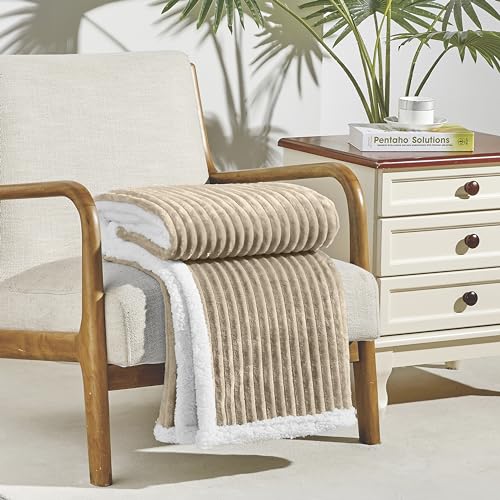 Elegant Comfort Corduroy Sherpa Reversible Throw Blanket, Medium Weight and Super Plush - Soft, Fuzzy and Plush Flannel Blanket - Micro-Suede - Corduroy Striped Pattern, 50 x 60 Inch Throw, Taupe