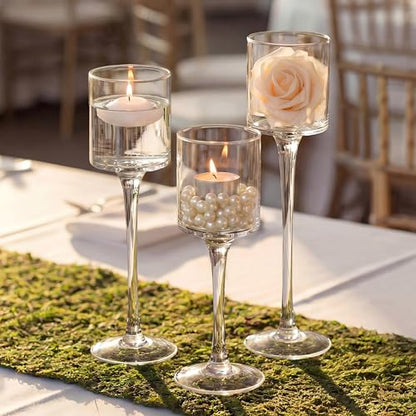 NUPTIO Glass Candle Holders, Set of 3 Stemmed Holders for Floating Candles | Clear Glass Cups, Elegant Long Stem Design, Dinner Table Centerpiece, Wedding Decor, Home Decoration