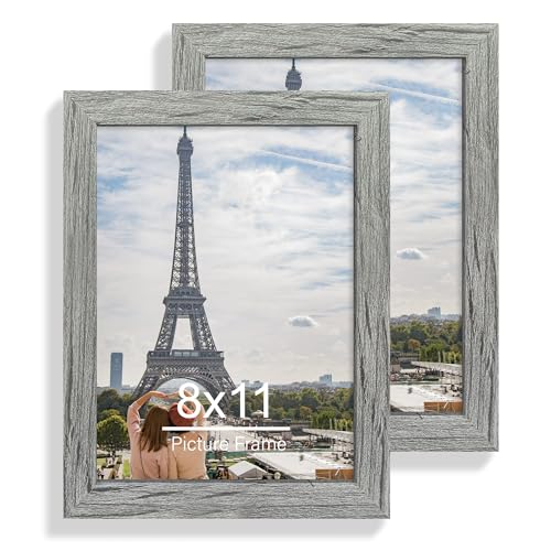 Hongkee 8x11 Picture Frame Set of 2, Made of Real Glass and Rustic Grey Wooden Frame - 8 by 11 Photo for Wall or Tabletop Display - color: Grey, size: 8x11 in