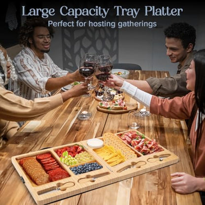 Large Bamboo Charcuterie Board with Magnetic Knife Set | Wooden Cheese Platter, Foldable, House Warming Gifts, New Home, Wedding Gifts - color: Classic