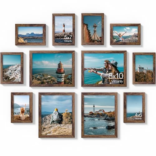 Vittanly 12 Pack Picture Frames Collage Wall Decor, Brown | Gallery Wall Frame Set: 4pcs 8x10, 4pcs 5x7 & 4pcs 4x6 Photos for Wall & Table, Picture Frames made of Engineered Wood - color: Brown