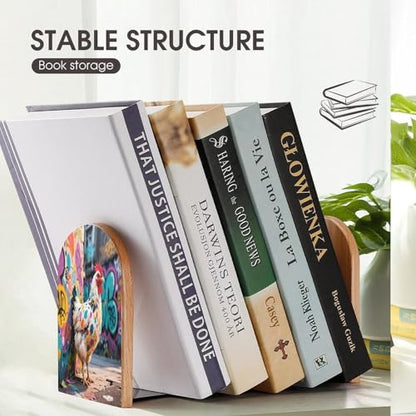 Personalized Wood Book Ends Metal Base Graffiti Chicken Street Art Printing Bookend Modern Heavy Duty Bookends for Home Or Office 1 Pair - color: Graffiti Chicken Street Art