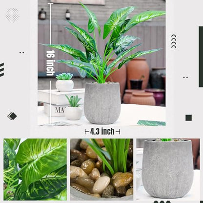 Der Rose 16" Fake Plant Potted Taro Leaf with Rocks for Home Decor | Single potted taro leaf faux plant，a green accent for office desk bathroom shelf and living room，eco-friendly
