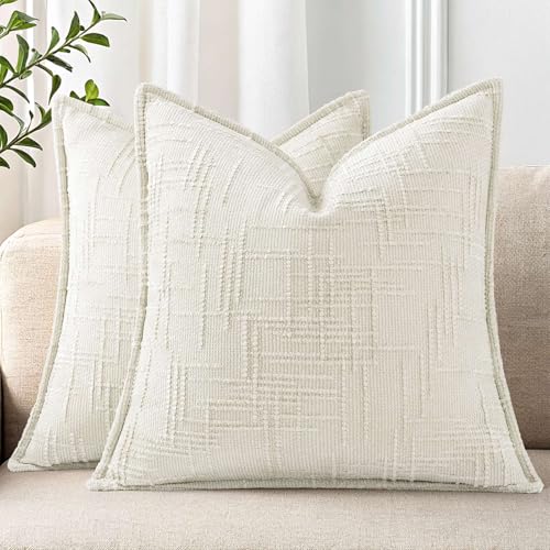 decorUhome Chenille Throw Pillow Covers 24x24 Set of 2, Cream White | Soft Texture, Slubby Modern Design, Flange Edges, Cozy Accent Pillow Covers for Couch, Sofa, Bed, Living Room - color: Cream White, size: 24" x 24" (Pack of 2)