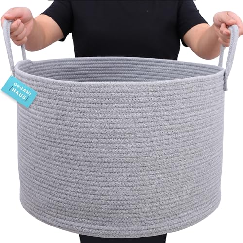 OrganiHaus Round Toy Basket & Blanket Basket, Cotton Rope 20x13" | Full Gray - Round Cotton Rope Basket, 20x13" - color: Full Gray, size: Wide
