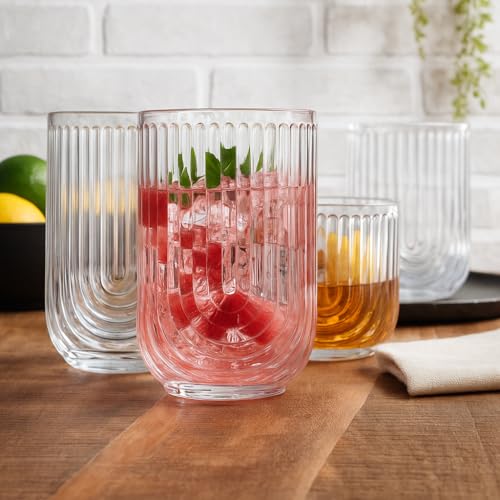 Glaver's 8-Piece Drinking Glass Set, Art Deco Ribbed Arch Glassware, Clear U-Shape Design, 17oz Highball and 11oz DOF Glasses Kitchen Glasses - style: Clear S/8 17oz 11oz