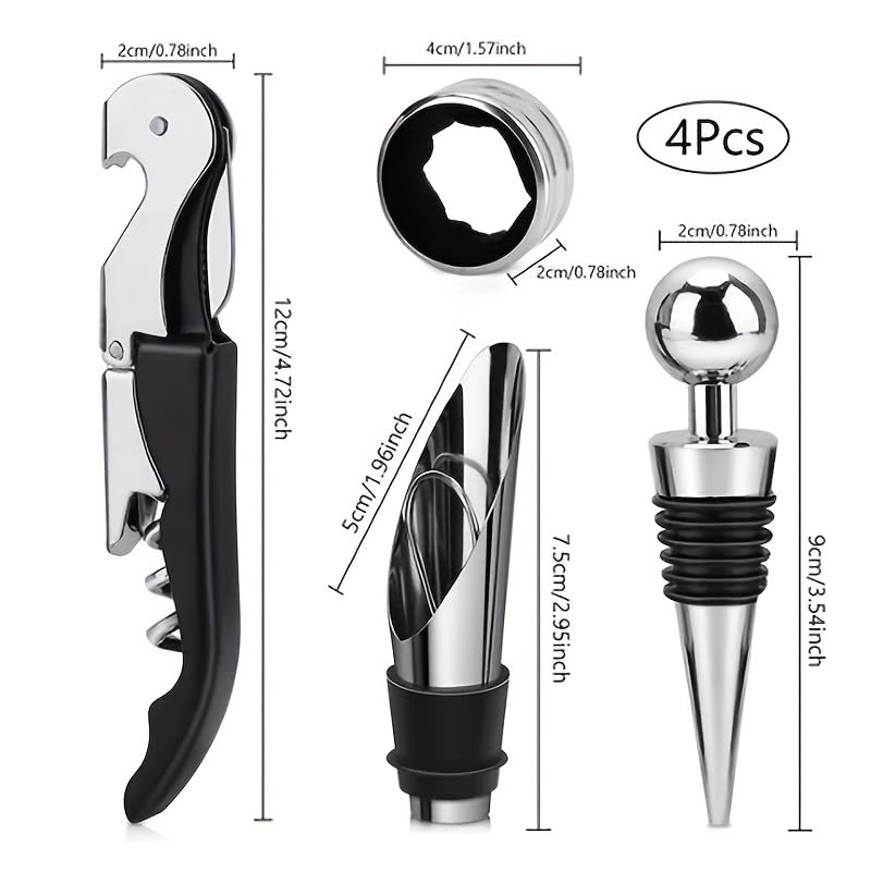4 Pieces Wine Accessory Gift Set, Stainless Steel Wine Opener Kit with Pourer, Wine Stopper, Drip Ring, Wine Tools Box for Party Wedding Gift (Red) - color: Red
