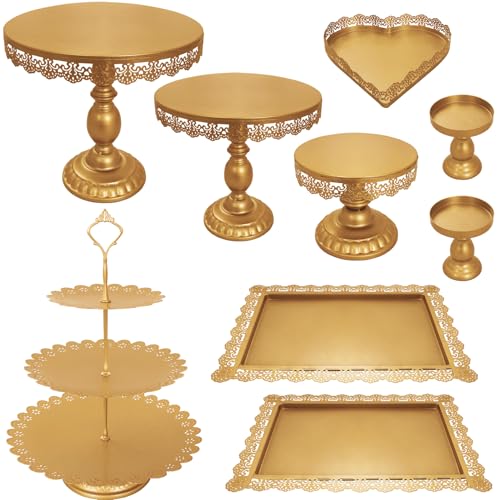 Set of 9 Cake Stands Metal Cupcake Stand Set Multiple Styles Candy Fruit Display Tower Dessert Plate Cake Serving Tray for Birthday Party Wedding Anniversary Baby Shower Engagement (Gold) - color: Gold