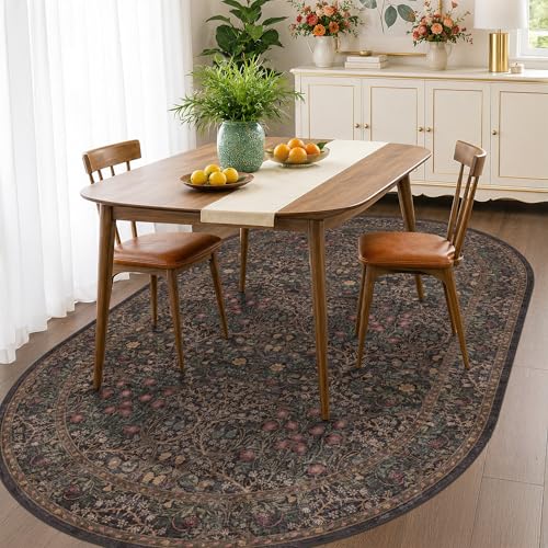 Dark Brown Vintage Oval 5x8 Area Rug, Washable Boho Floral Carpet for Dining Room Under Kitchen Table, Bedroom Beside Bed, Office - Oriental Low Pile Non Slip & Stain Resistant - color: Dark Brown, size: 5' x 8' (Oval)