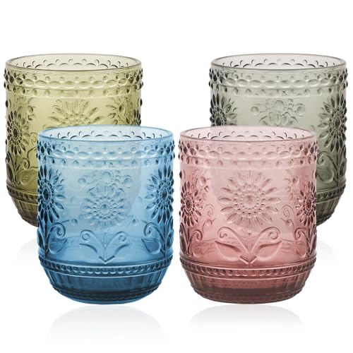 Glass Cups, Vintage Glassware Drinking Glass Set of 4, 12oz Colored Glassware with Sunflower Design, Embossed Floral Decorative Glasses Drinking Set for Cocktail, Wine, Vintage Drinking Glasses - color: Multicolor