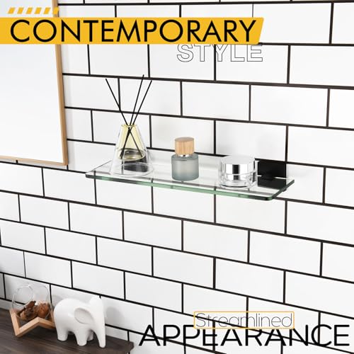 KOKOSIRI Bathroom Glass Shelf 16-Inch Tempered Glass Floating Shelves Shower Storage Kitchen Hanging Rack Wall Mount, Black Stainless Steel B1107BK-L16 - color: Matte Black, size: 16-Inch