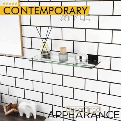 KOKOSIRI Bathroom Glass Shelf 16-Inch Tempered Glass Floating Shelves Shower Storage Kitchen Hanging Rack Wall Mount, Black Stainless Steel B1107BK-L16 - color: Matte Black, size: 16-Inch