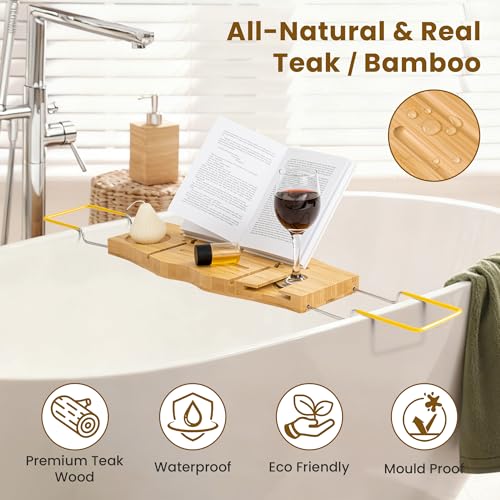 Dreamland Bamboo Bathtub Tray Caddy | Light bamboo material, cross tub design, bathroom bath supplies storage - color: Bamboo Natural - B, size: Medium