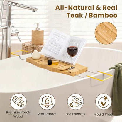 Dreamland Bamboo Bathtub Tray Caddy | Light bamboo material, cross tub design, bathroom bath supplies storage - color: Bamboo Natural - B, size: Medium