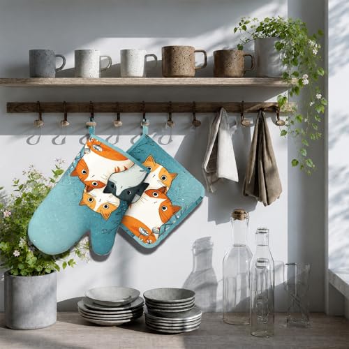 Cute Cartoon Cat Oven Mitts and Pot Holders Sets Funny Cat Silicone Heat Resistant Kitchen Oven Gloves Pot Holder for Cooking Baking Grilling BBQ - color: Cute Cartoon Cat