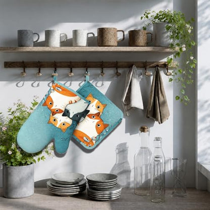 Cute Cartoon Cat Oven Mitts and Pot Holders Sets Funny Cat Silicone Heat Resistant Kitchen Oven Gloves Pot Holder for Cooking Baking Grilling BBQ - color: Cute Cartoon Cat