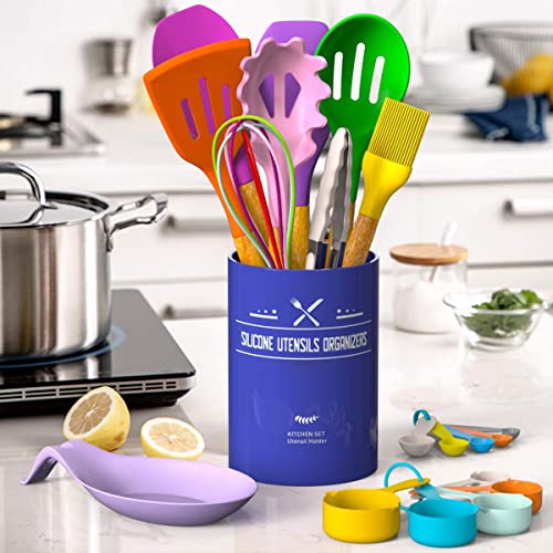 Umite Chef Kitchen Cooking Utensils Set, 33 pcs Non-stick Silicone Cooking Kitchen Utensils Spatula Set with Holder, Wooden Handle Silicone Kitchen Gadgets Utensil Set (Colorful) - color: Colorful