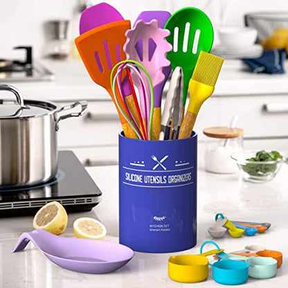 Umite Chef Kitchen Cooking Utensils Set, 33 pcs Non-stick Silicone Cooking Kitchen Utensils Spatula Set with Holder, Wooden Handle Silicone Kitchen Gadgets Utensil Set (Colorful) - color: Colorful