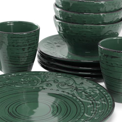 Elama Malibu Sea Glass 16-Piece Stoneware Embossed Pattern Reactive Glaze Dark Green Dinnerware Set, Tableware, Serveware Set (Sea Glass Green) - color: Sea Glass Green