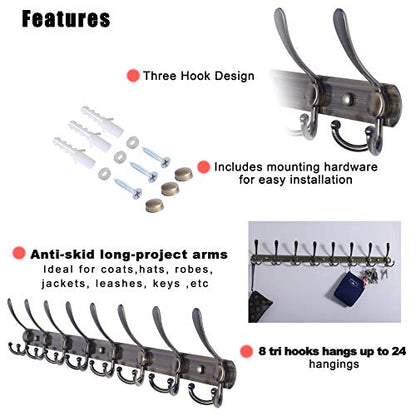 Coat Rack Wall Mount - 29.5” Long 8-Tri-Hooks Heavy Duty Coat Hanger Rail Wall Hooks for Hanging Coats Hats Clothing Clothes Purse Mudroom Entryway, Bronze - color: Bronze, size: L=29.5” (1 Pcs)