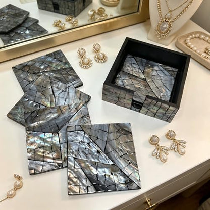 i-lan Mother of Pearl Coasters Set of 6 with Holder - 4.7" Square Drink Coasters for Kitchen, Dining Room, Coffee Table - Black Mosaik Pattern, Shell Inlay Cup Mats - color: Black Mosaik
