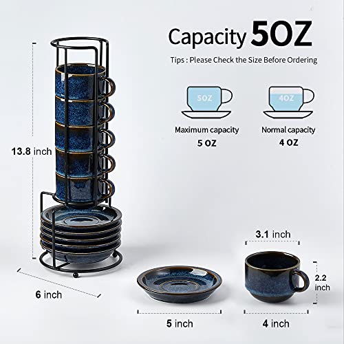 JIEMEI HOME Porcelain Stackable Espresso Cups with Saucers and Metal Stand,4 Ounce Demitasse Cups for Coffee Drinks, Latte, Tea - Set of 6, Stackable Espresso Mugs, Reactive Glaze, Bule - color: Reactive Glaze Blue