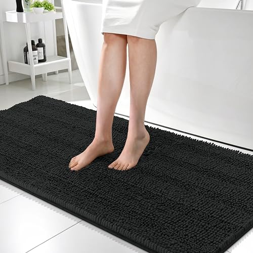OLANLY Thick Bathroom Runner Rugs 59x24, Chenille Long Bath Rugs, Black | Soft Absorbent Striped, Rubber Backing, Machine Wash, Bath Mats for Bathroom Floor, Tub and Shower, Home Decor Accessories - color: Black, size: 59" X 24"