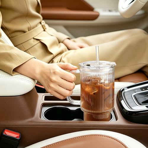 Iced Coffee Cups with Lids 2Pcs: Ribbed Glass Tumbler with Straw and Lid 24oz - Coffee Bar Accessories - Glass Cups and Tumblers with Lids and Straws - Tumbler Leak Proof - Coffee Tumbler with Handle - color: Handled