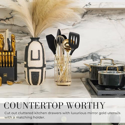 Styled Settings Black and Gold Cooking Utensils Set, 7-Piece, Black & Gold | Nonstick Silicone Cooking Utensils Set with Gold Utensil Holder, White and Gold Kitchen Accessories for Modern Kitchens - color: 7 Piece Black & Gold